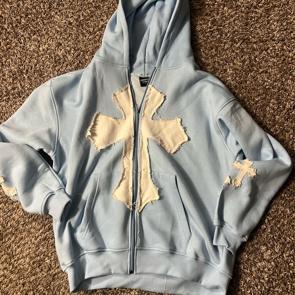 Light Blue Zip-Up Hoodie with White Cross Appliqués - Picture 3 of 3
